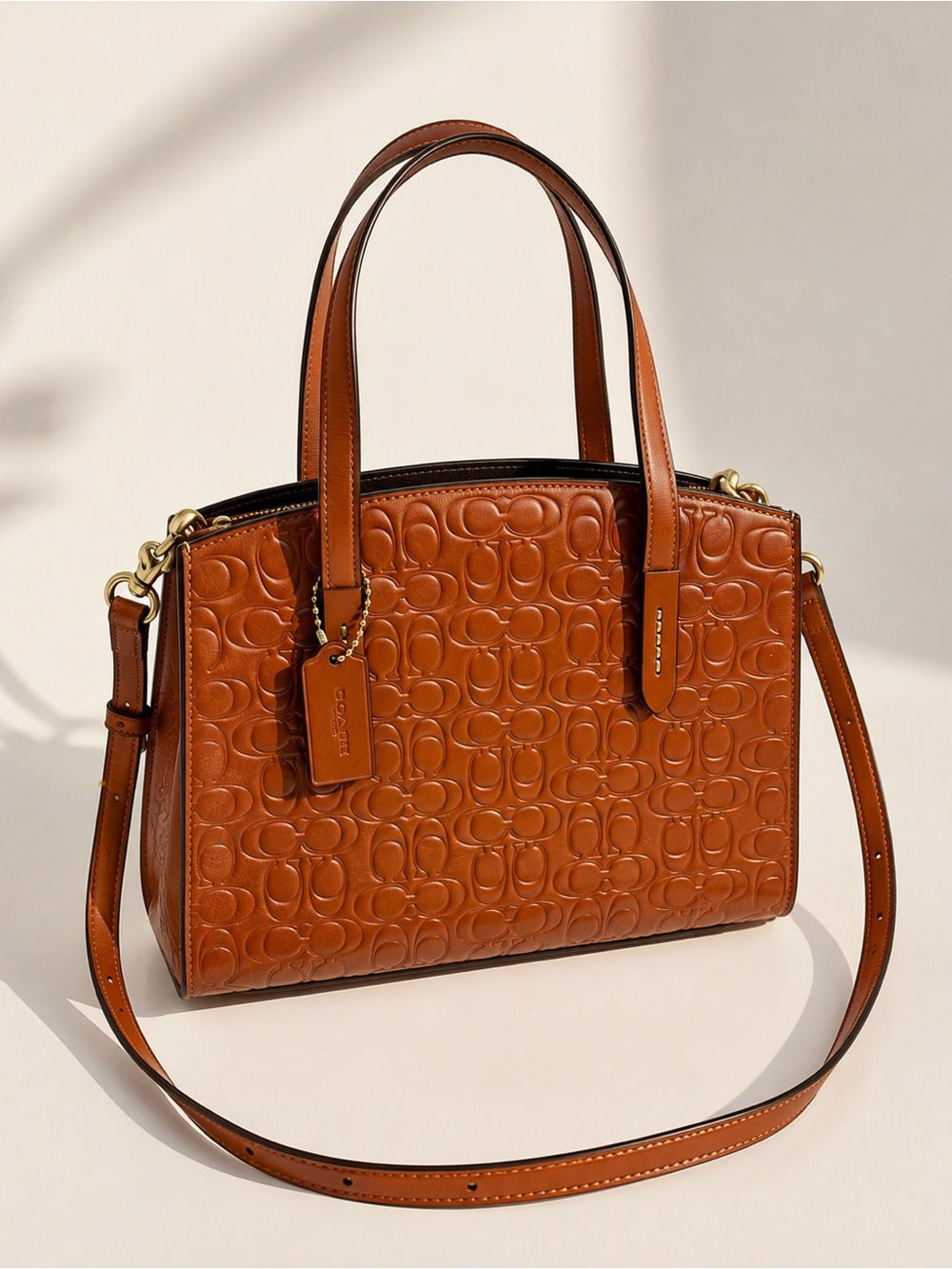 Coach Embossed Signature Leather Tote Crossbody Bag Cognac Brown